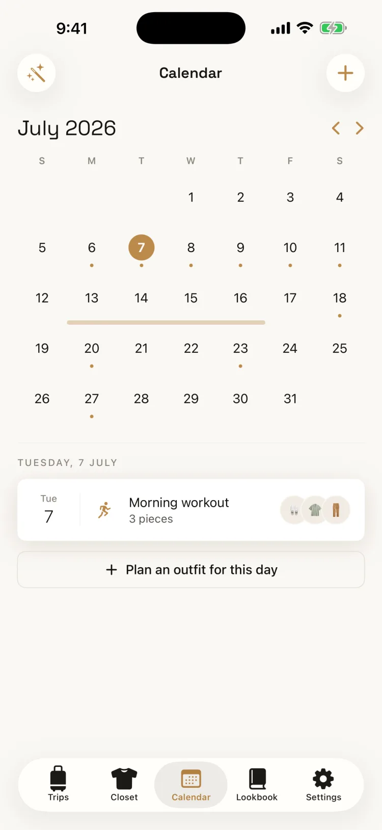 Month calendar with a trip band and outfit plans