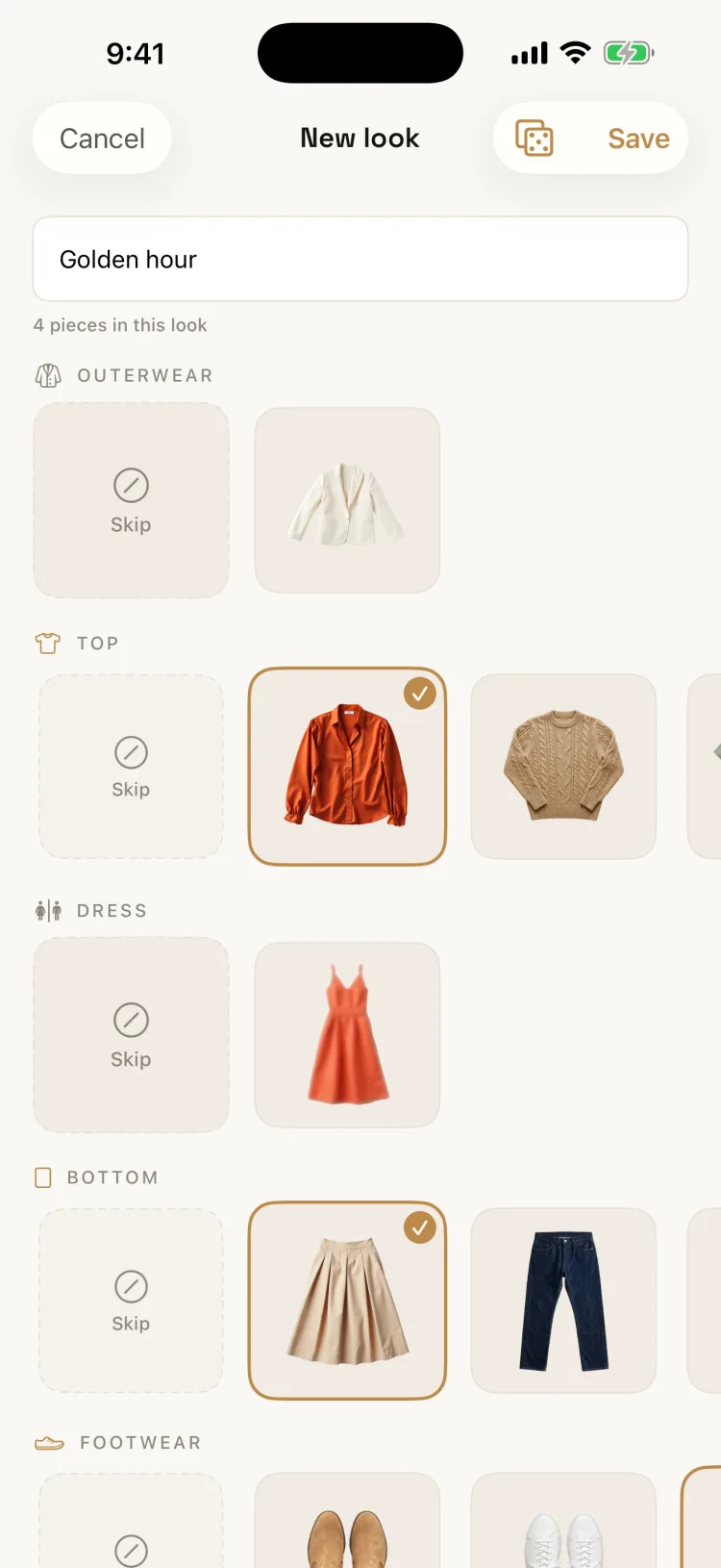 Look studio composing an outfit by category