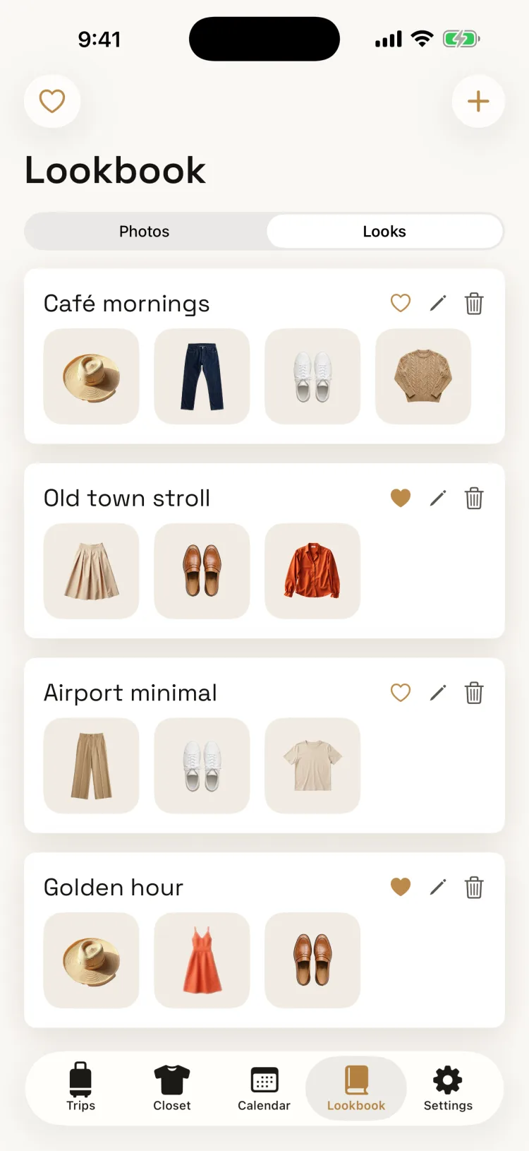 Saved looks with garment thumbnails