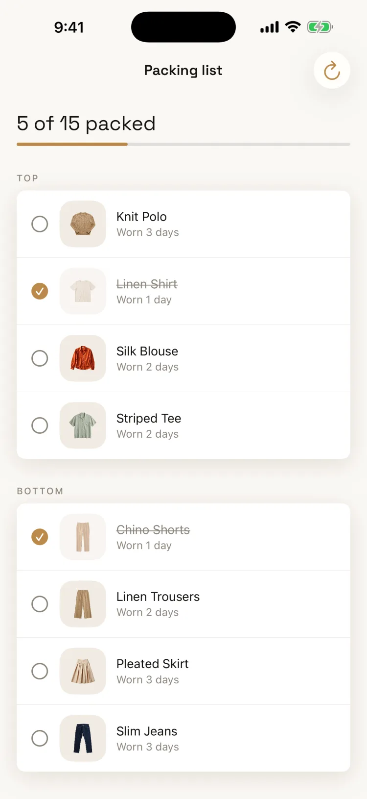 Packing list that builds itself from planned outfits