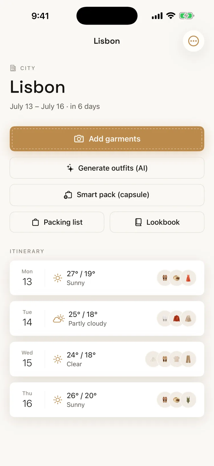 Triplook trip screen: Lisbon itinerary with weather and an outfit planned for each day